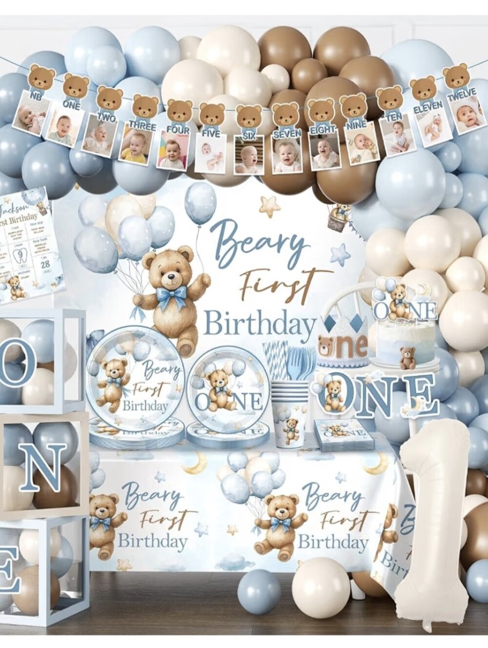 Beary First Birthday Party Supplies Kit - Blue & Brown
